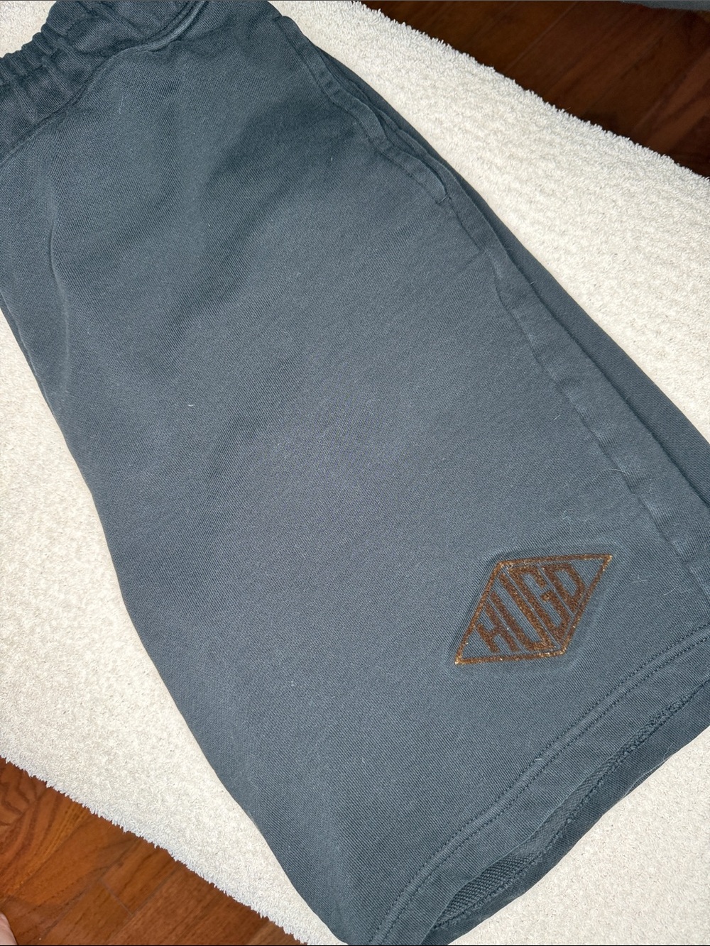 HUGO Men's Dark Gray Shorts with Brown Logo